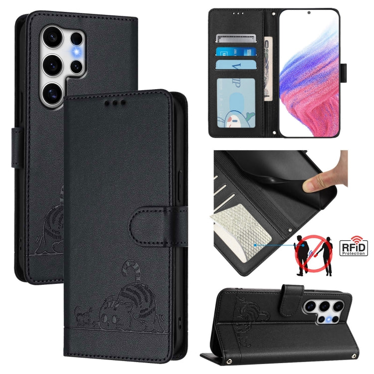 Custodia per telefono in pelle RFID con motivo gatto in rilievo con cordino, For Samsung Galaxy S25 Ultra 5G, For Samsung Galaxy S24 FE 5G