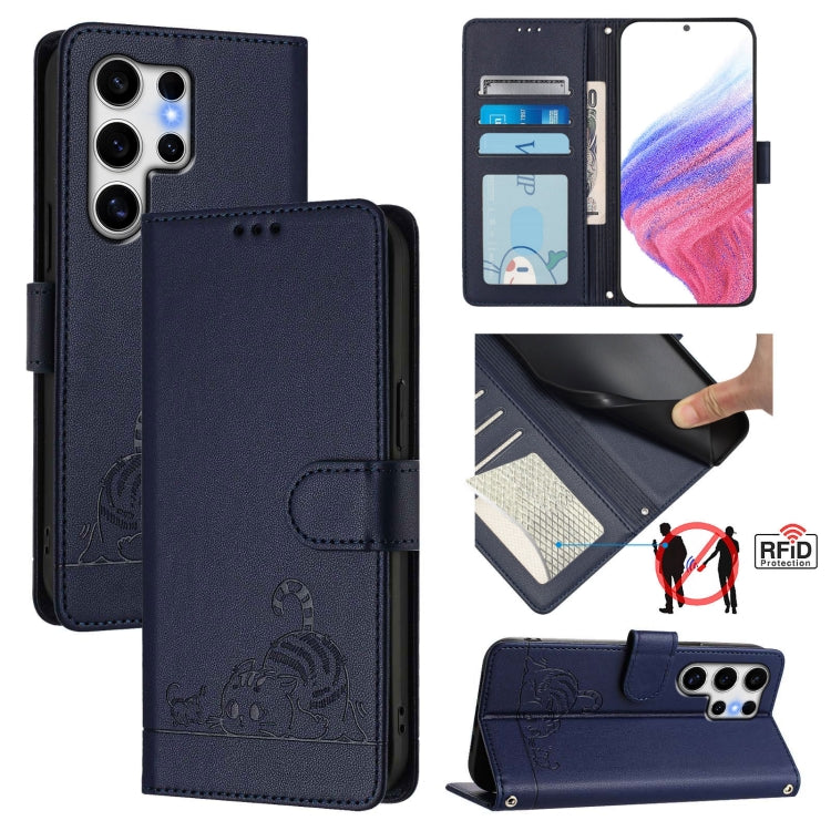 Custodia per telefono in pelle RFID con motivo gatto in rilievo con cordino, For Samsung Galaxy S25 Ultra 5G, For Samsung Galaxy S24 FE 5G