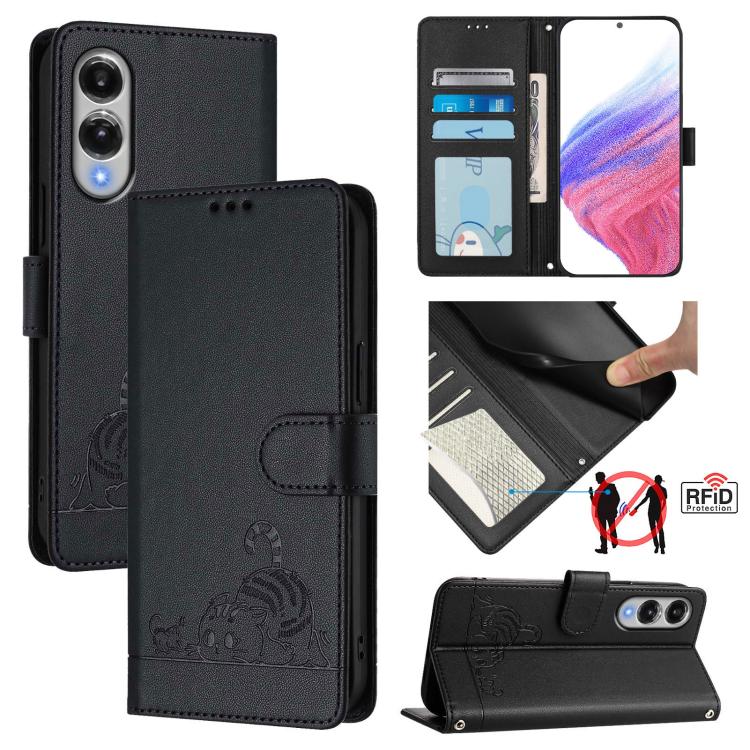 Custodia per telefono in pelle RFID con motivo gatto in rilievo con cordino, For Samsung Galaxy S26 5G, For Samsung Galaxy S25 Edge 5G, For Samsung Galaxy S25 5G, For Samsung Galaxy S25+ 5G