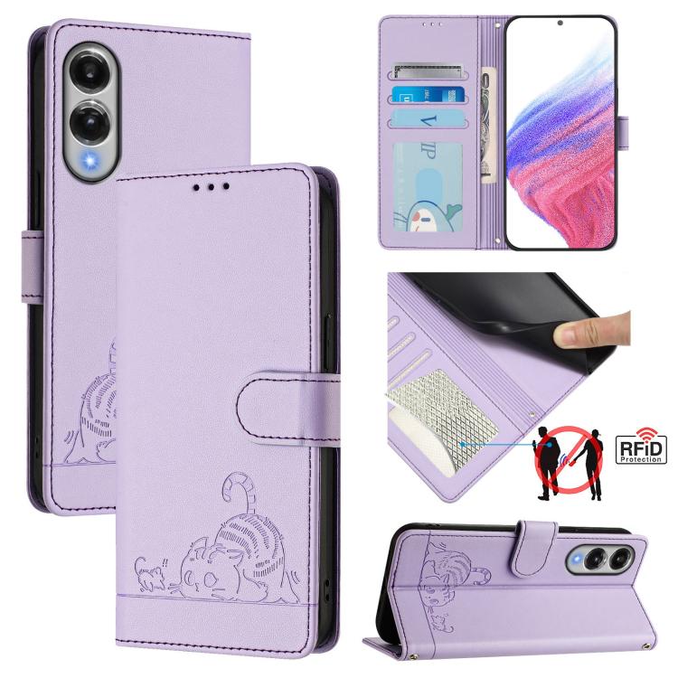 Custodia per telefono in pelle RFID con motivo gatto in rilievo con cordino, For Samsung Galaxy S26 5G, For Samsung Galaxy S25 Edge 5G, For Samsung Galaxy S25 5G, For Samsung Galaxy S25+ 5G