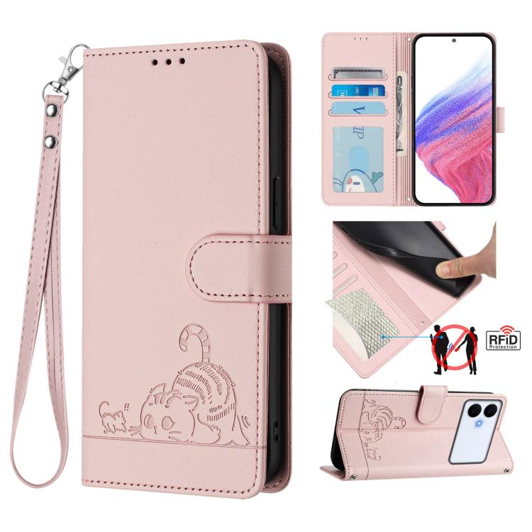 Custodia per telefono in pelle RFID con motivo gatto in rilievo con cordino, For Galaxy S26 FE 5G, For Samsung Galaxy S26+ 5G, For Samsung Galaxy S26 Edge 5G, For Samsung Galaxy S26 Ultra 5G