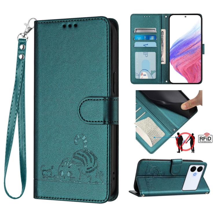 Custodia per telefono in pelle RFID con motivo gatto in rilievo con cordino, For Galaxy S26 FE 5G, For Samsung Galaxy S26+ 5G, For Samsung Galaxy S26 Edge 5G, For Samsung Galaxy S26 Ultra 5G