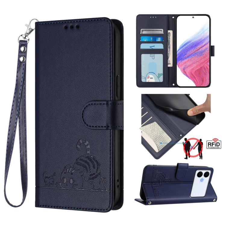 Custodia per telefono in pelle RFID con motivo gatto in rilievo con cordino, For Galaxy S26 FE 5G, For Samsung Galaxy S26+ 5G, For Samsung Galaxy S26 Edge 5G, For Samsung Galaxy S26 Ultra 5G