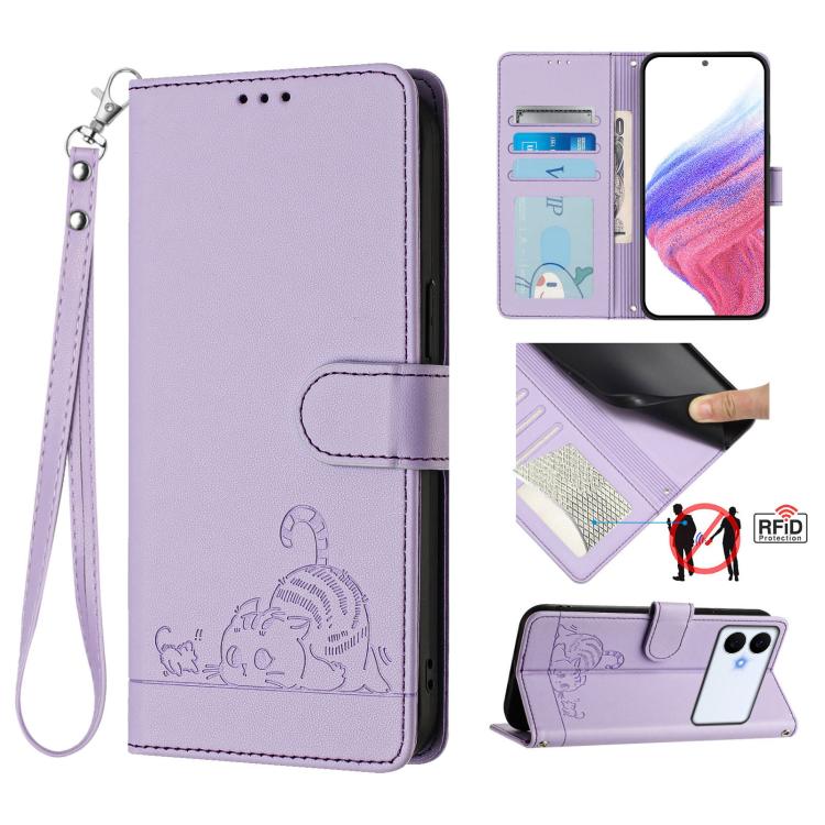 Custodia per telefono in pelle RFID con motivo gatto in rilievo con cordino, For Galaxy S26 FE 5G, For Samsung Galaxy S26+ 5G, For Samsung Galaxy S26 Edge 5G, For Samsung Galaxy S26 Ultra 5G