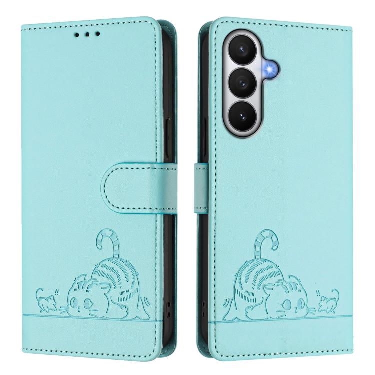 Custodia per telefono in pelle RFID con motivo gatto in rilievo con cordino, For Samsung Galaxy S26 5G, For Samsung Galaxy S25 Edge 5G, For Samsung Galaxy S25 5G, For Samsung Galaxy S25+ 5G