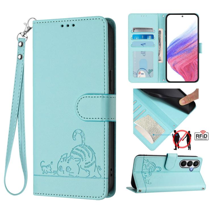 Custodia per telefono in pelle RFID con motivo gatto in rilievo con cordino, For Samsung Galaxy S26 5G, For Samsung Galaxy S25 Edge 5G, For Samsung Galaxy S25 5G, For Samsung Galaxy S25+ 5G