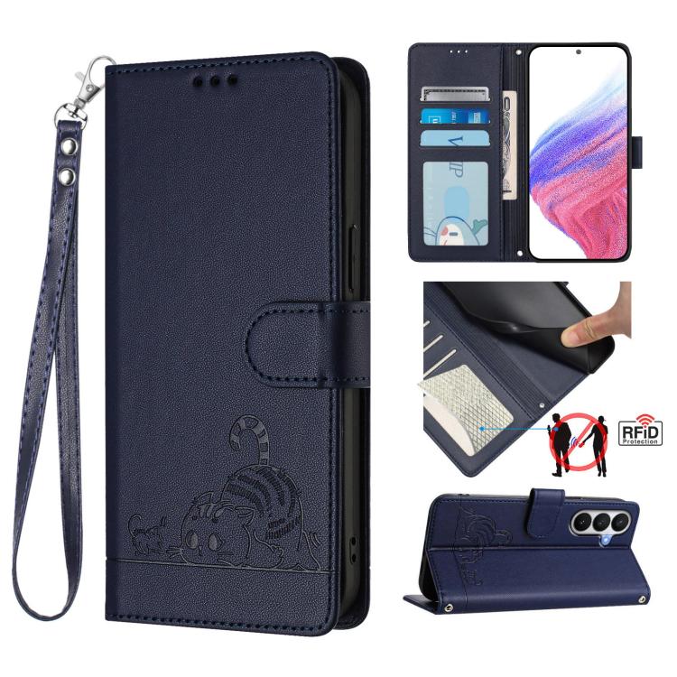 Custodia per telefono in pelle RFID con motivo gatto in rilievo con cordino, For Samsung Galaxy S26 5G, For Samsung Galaxy S25 Edge 5G, For Samsung Galaxy S25 5G, For Samsung Galaxy S25+ 5G