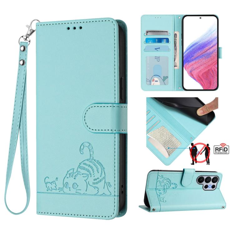 Custodia per telefono in pelle RFID con motivo gatto in rilievo con cordino, For Galaxy S26 FE 5G, For Samsung Galaxy S26+ 5G, For Samsung Galaxy S26 Edge 5G, For Samsung Galaxy S26 Ultra 5G