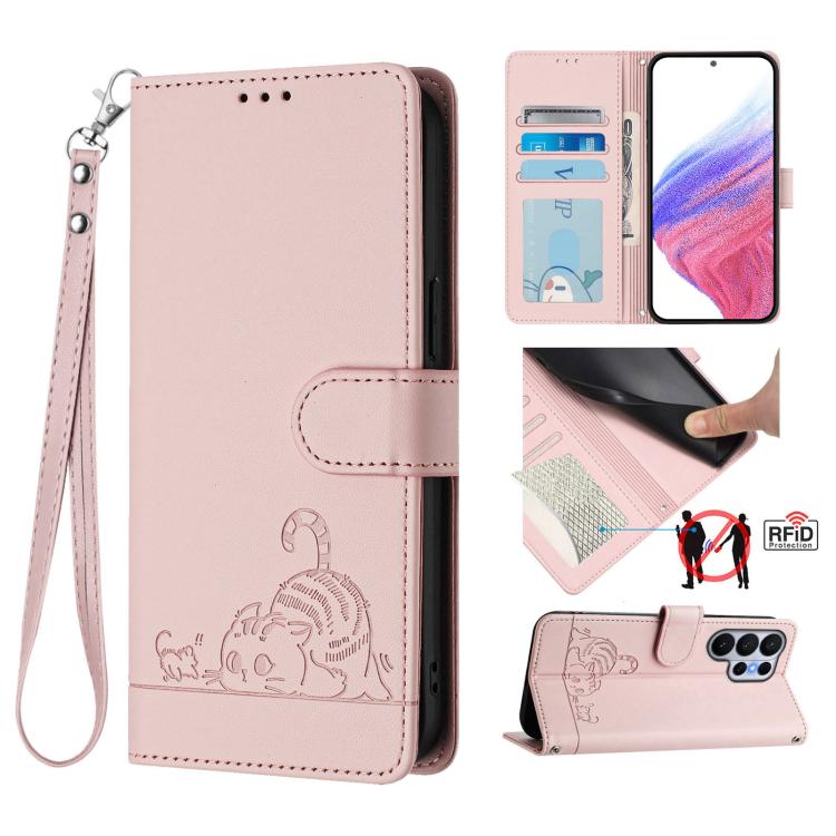 Custodia per telefono in pelle RFID con motivo gatto in rilievo con cordino, For Galaxy S26 FE 5G, For Samsung Galaxy S26+ 5G, For Samsung Galaxy S26 Edge 5G, For Samsung Galaxy S26 Ultra 5G