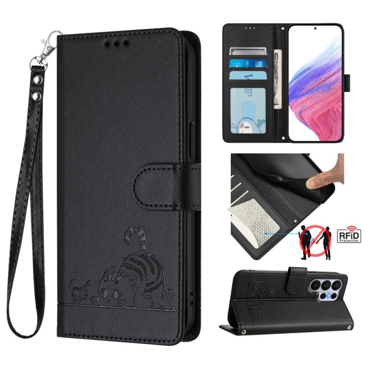 Custodia per telefono in pelle RFID con motivo gatto in rilievo con cordino, For Galaxy S26 FE 5G, For Samsung Galaxy S26+ 5G, For Samsung Galaxy S26 Edge 5G, For Samsung Galaxy S26 Ultra 5G
