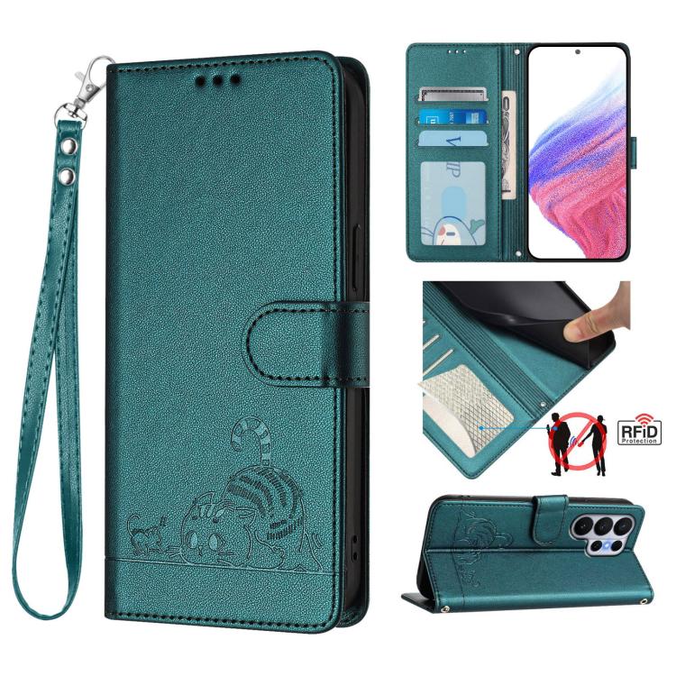 Custodia per telefono in pelle RFID con motivo gatto in rilievo con cordino, For Galaxy S26 FE 5G, For Samsung Galaxy S26+ 5G, For Samsung Galaxy S26 Edge 5G, For Samsung Galaxy S26 Ultra 5G