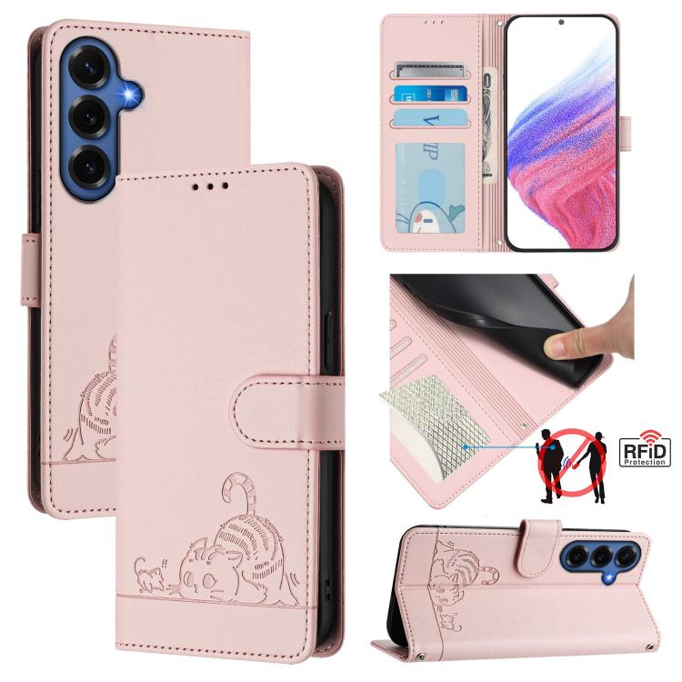 Custodia per telefono in pelle RFID con motivo gatto in rilievo con cordino, For Galaxy S26 FE 5G, For Samsung Galaxy S26+ 5G, For Samsung Galaxy S26 Edge 5G, For Samsung Galaxy S26 Ultra 5G