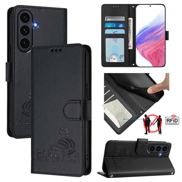 Custodia per telefono in pelle RFID con motivo gatto in rilievo con cordino, For Galaxy S26 FE 5G, For Samsung Galaxy S26+ 5G, For Samsung Galaxy S26 Edge 5G, For Samsung Galaxy S26 Ultra 5G