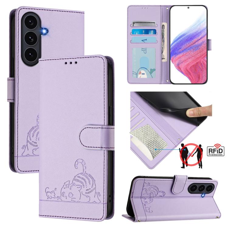 Custodia per telefono in pelle RFID con motivo gatto in rilievo con cordino, For Galaxy S26 FE 5G, For Samsung Galaxy S26+ 5G, For Samsung Galaxy S26 Edge 5G, For Samsung Galaxy S26 Ultra 5G