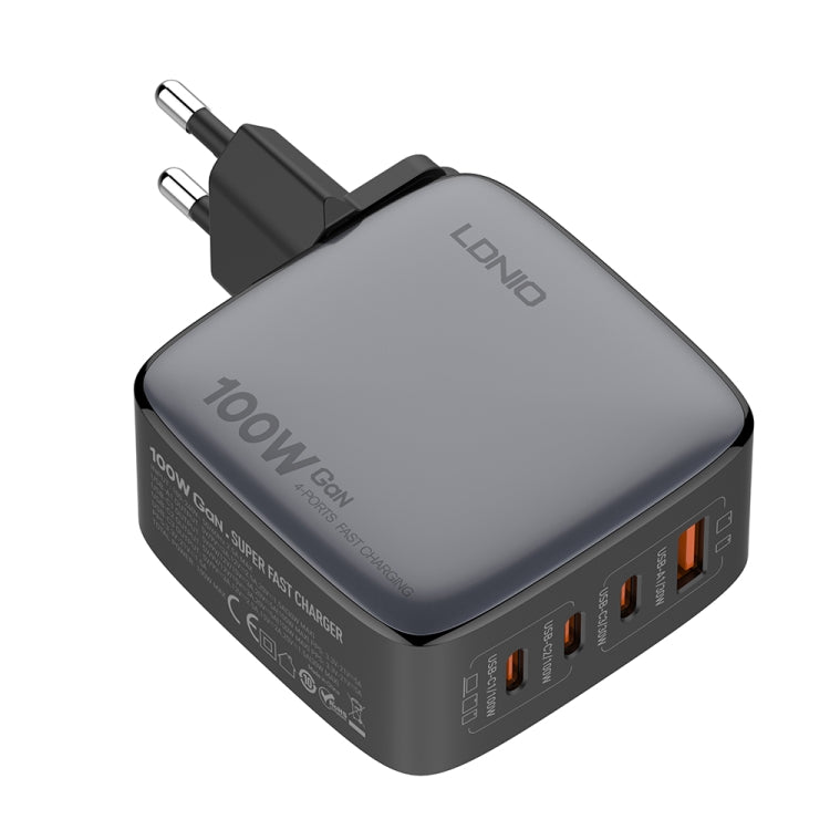 LDNIO Q408 Caricabatterie con interfaccia GaN USB+3 USB-C/Type-C da 100 W con cavo dati da USB-C/Type-C a USB-C/Type-C da 100 W, EU Plug, UK Plug, US Plug