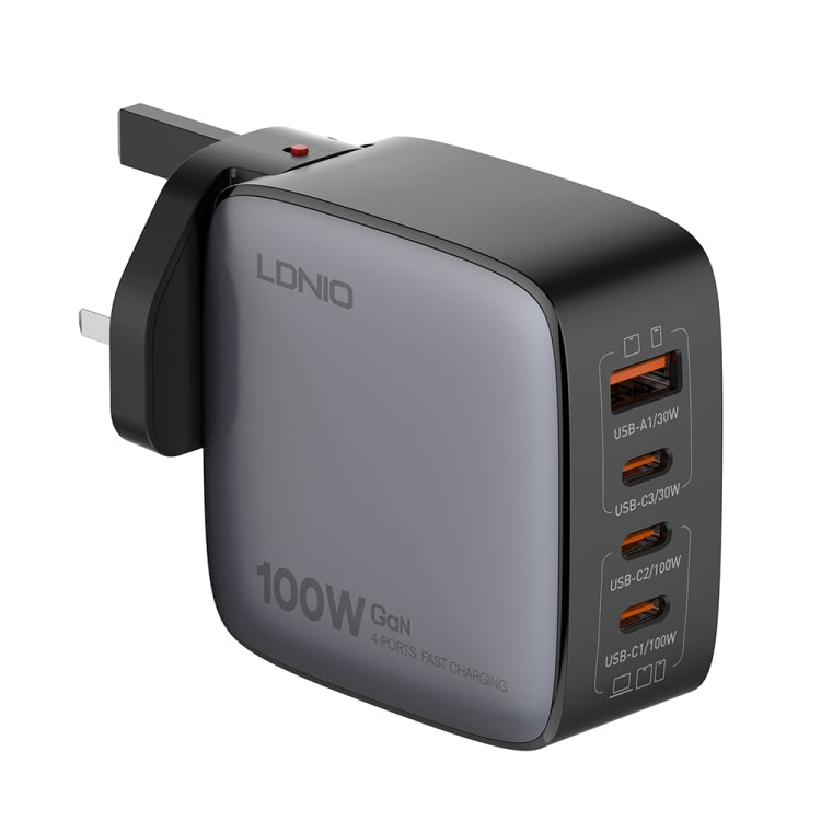 LDNIO Q408 Caricabatterie con interfaccia GaN USB+3 USB-C/Type-C da 100 W con cavo dati da USB-C/Type-C a USB-C/Type-C da 100 W, EU Plug, UK Plug, US Plug