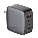 LDNIO Q408 Caricabatterie con interfaccia GaN USB+3 USB-C/Type-C da 100 W con cavo dati da USB-C/Type-C a USB-C/Type-C da 100 W, EU Plug, UK Plug, US Plug