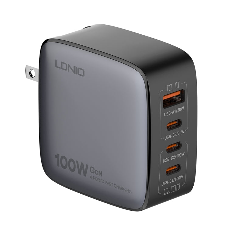LDNIO Q408 Caricabatterie con interfaccia GaN USB+3 USB-C/Type-C da 100 W con cavo dati da USB-C/Type-C a USB-C/Type-C da 100 W, EU Plug, UK Plug, US Plug
