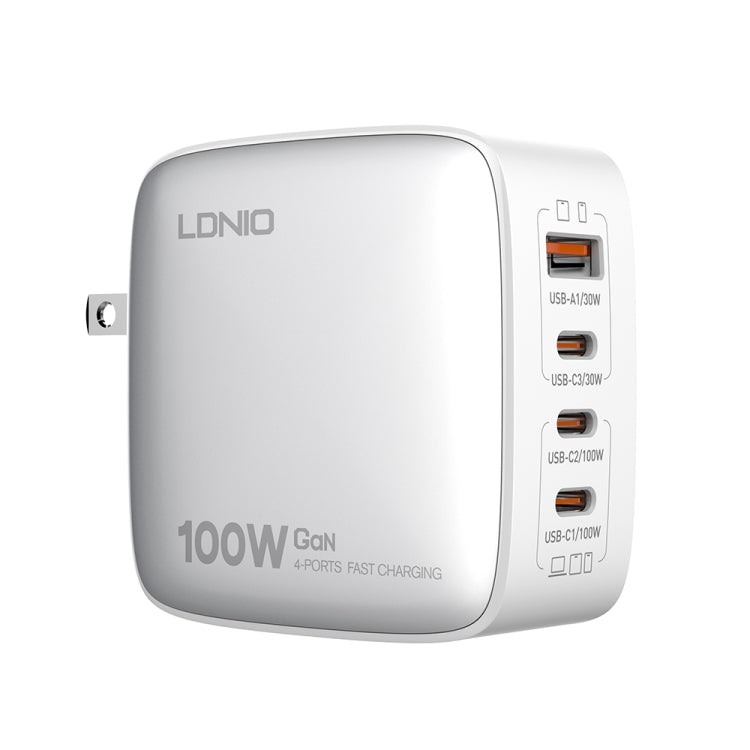 LDNIO Q408 Caricabatterie con interfaccia GaN USB+3 USB-C/Type-C da 100 W con cavo dati da USB-C/Type-C a USB-C/Type-C da 100 W, EU Plug, UK Plug, US Plug