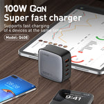 LDNIO Q408 Caricabatterie con interfaccia GaN USB+3 USB-C/Type-C da 100 W con cavo dati da USB-C/Type-C a USB-C/Type-C da 100 W, EU Plug, UK Plug, US Plug