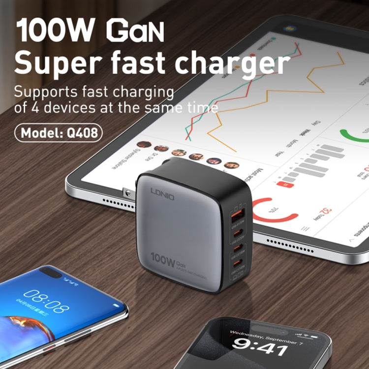 LDNIO Q408 Caricabatterie con interfaccia GaN USB+3 USB-C/Type-C da 100 W con cavo dati da USB-C/Type-C a USB-C/Type-C da 100 W, EU Plug, UK Plug, US Plug