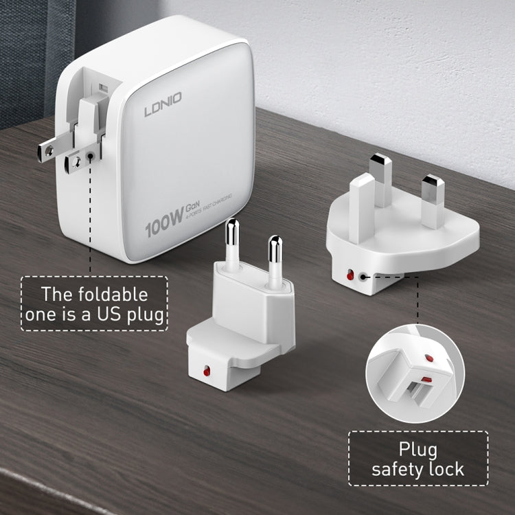 LDNIO Q408 Caricabatterie con interfaccia GaN USB+3 USB-C/Type-C da 100 W con cavo dati da USB-C/Type-C a USB-C/Type-C da 100 W, EU Plug, UK Plug, US Plug