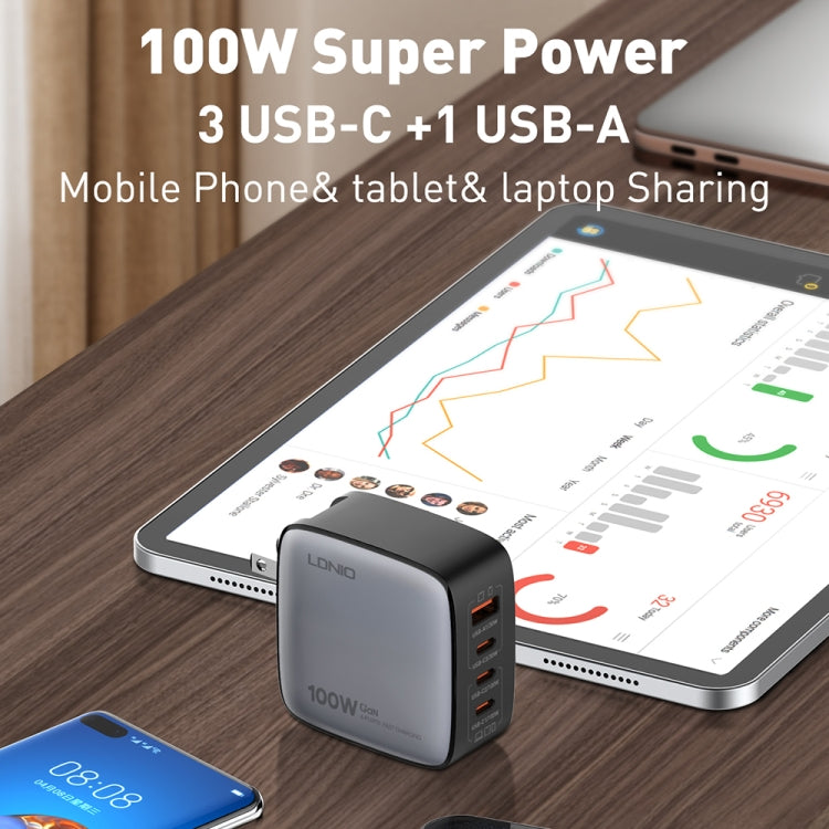 LDNIO Q408 Caricabatterie con interfaccia GaN USB+3 USB-C/Type-C da 100 W con cavo dati da USB-C/Type-C a USB-C/Type-C da 100 W, EU Plug, UK Plug, US Plug