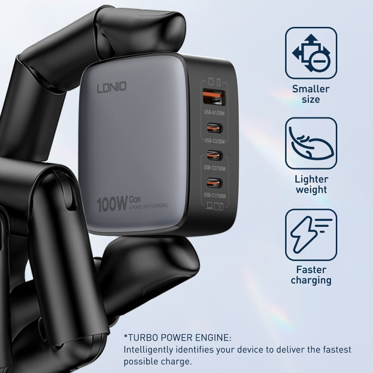 LDNIO Q408 Caricabatterie con interfaccia GaN USB+3 USB-C/Type-C da 100 W con cavo dati da USB-C/Type-C a USB-C/Type-C da 100 W, EU Plug, UK Plug, US Plug