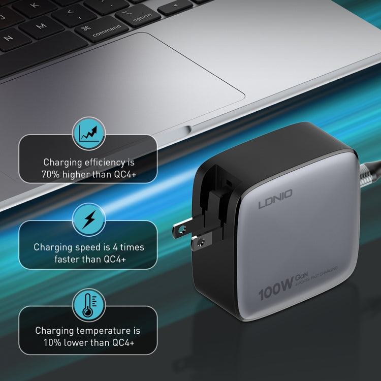 LDNIO Q408 Caricabatterie con interfaccia GaN USB+3 USB-C/Type-C da 100 W con cavo dati da USB-C/Type-C a USB-C/Type-C da 100 W, EU Plug, UK Plug, US Plug