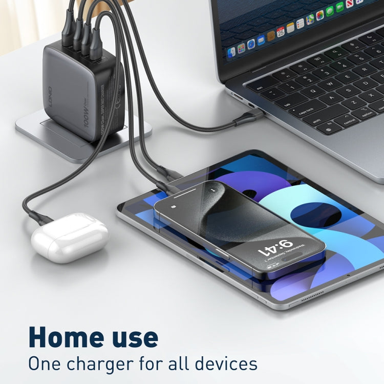 LDNIO Q408 Caricabatterie con interfaccia GaN USB+3 USB-C/Type-C da 100 W con cavo dati da USB-C/Type-C a USB-C/Type-C da 100 W, EU Plug, UK Plug, US Plug