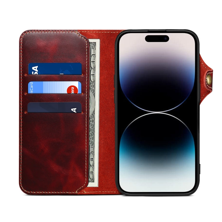 Custodia in vera pelle con bottone magnetico per iPhone 16