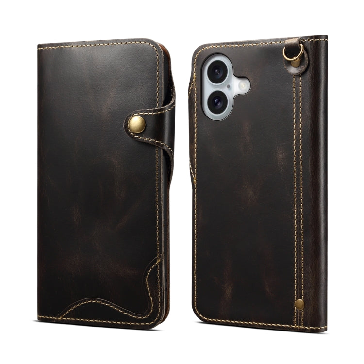 Custodia in vera pelle con bottone magnetico per iPhone 16