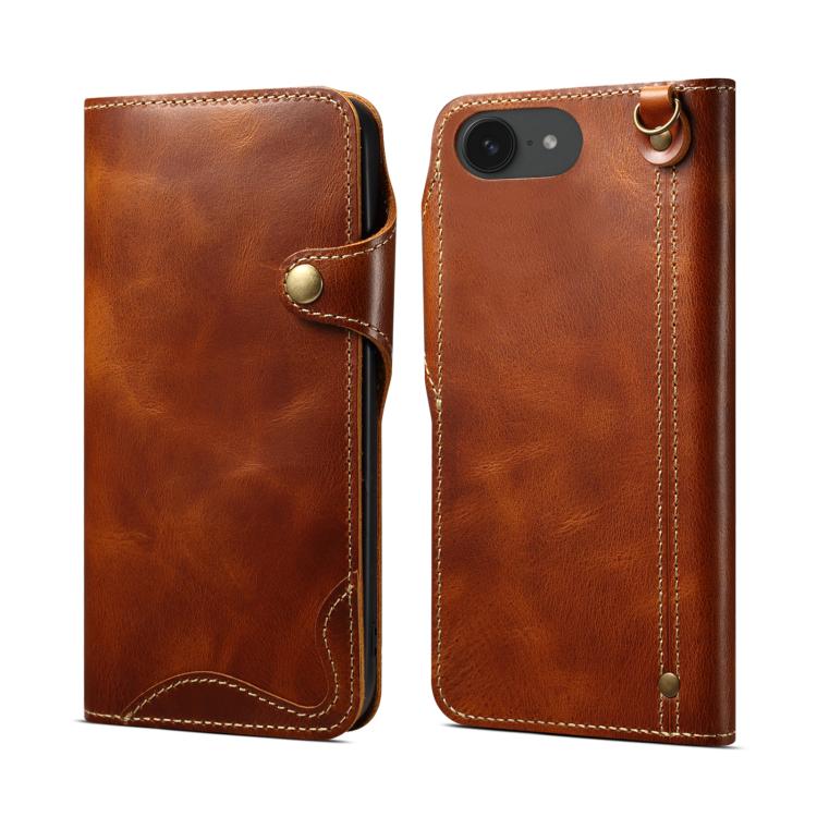 Custodia in vera pelle con bottone magnetico per iPhone