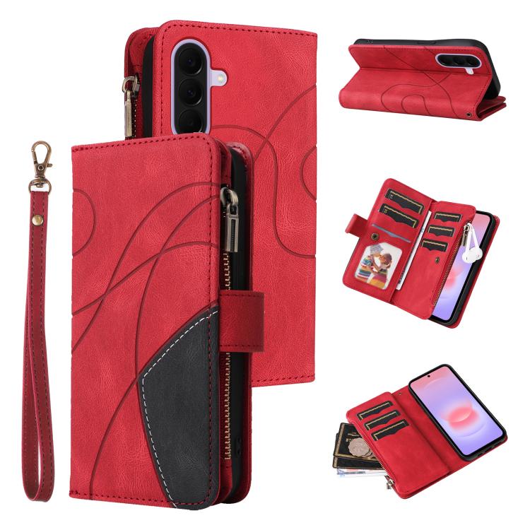 Portafoglio con cerniera in pelle bicolore con 9 scomparti per carte di credito, For Galaxy A27 5G, For Samsung Galaxy A16 5G, For Samsung Galaxy A06 4G