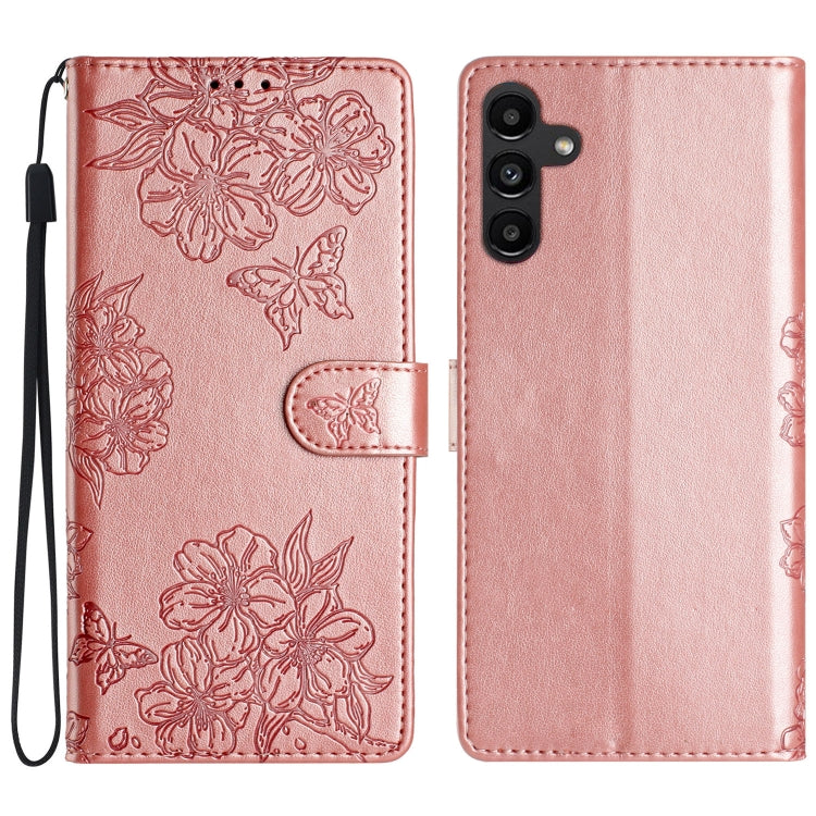 Custodia per telefono in PU goffrato con effetto pelle di farfalla e motivo a fiori di ciliegio, For Samsung Galaxy A17 5G, For Samsung Galaxy A16 5G, For Samsung Galaxy A06 4G