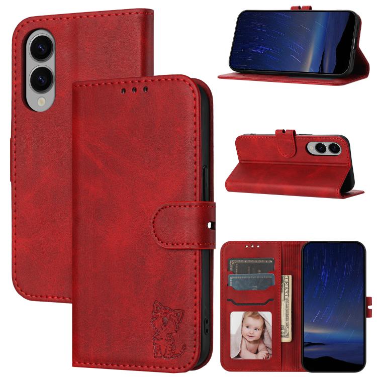 Custodia per telefono in pelle con motivo a gatto felice in rilievo, For Galaxy S26 FE 5G, For Samsung Galaxy S25 Edge 5G, For Samsung Galaxy S25 5G, For Samsung Galaxy S25+ 5G