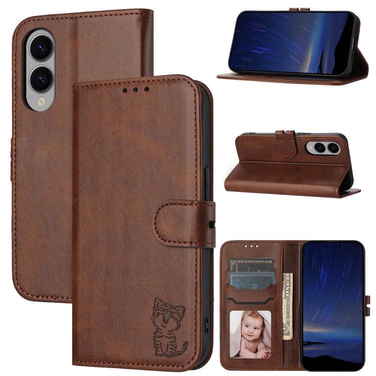 Custodia per telefono in pelle con motivo a gatto felice in rilievo, For Galaxy S26 FE 5G, For Samsung Galaxy S25 Edge 5G, For Samsung Galaxy S25 5G, For Samsung Galaxy S25+ 5G