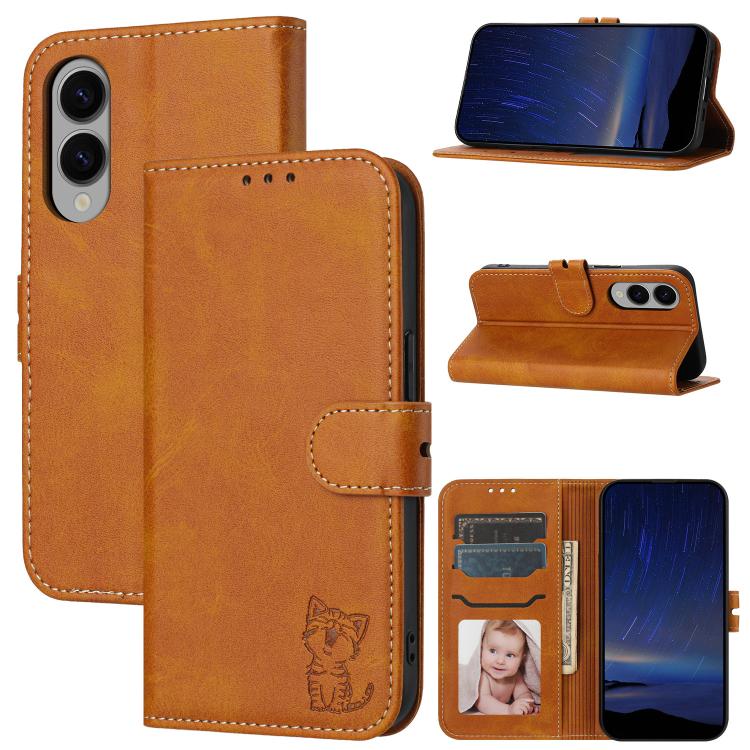 Custodia per telefono in pelle con motivo a gatto felice in rilievo, For Galaxy S26 FE 5G, For Samsung Galaxy S25 Edge 5G, For Samsung Galaxy S25 5G, For Samsung Galaxy S25+ 5G
