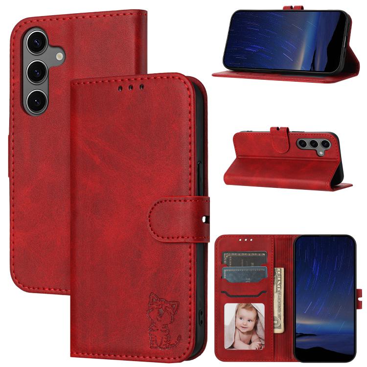 Custodia per telefono in pelle con motivo a gatto felice in rilievo, For Galaxy S26 FE 5G, For Samsung Galaxy S25 Edge 5G, For Samsung Galaxy S25 5G, For Samsung Galaxy S25+ 5G