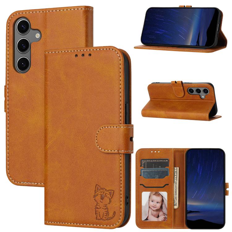 Custodia per telefono in pelle con motivo a gatto felice in rilievo, For Galaxy S26 FE 5G, For Samsung Galaxy S25 Edge 5G, For Samsung Galaxy S25 5G, For Samsung Galaxy S25+ 5G