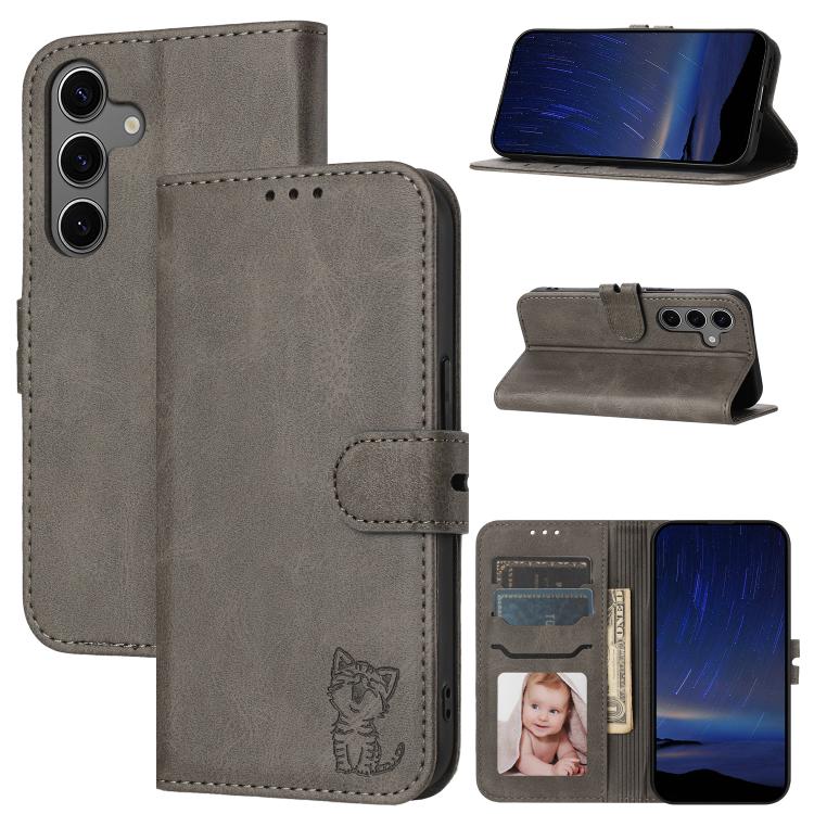 Custodia per telefono in pelle con motivo a gatto felice in rilievo, For Galaxy S26 FE 5G, For Samsung Galaxy S25 Edge 5G, For Samsung Galaxy S25 5G, For Samsung Galaxy S25+ 5G