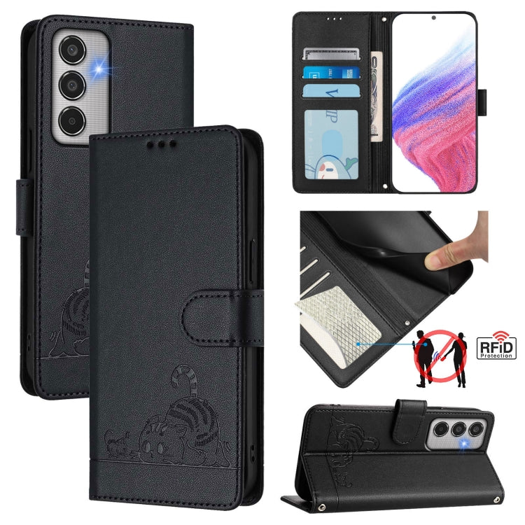 Custodia per telefono in pelle con stampa RFID a forma di gatto e ratto con cordino, For Samsung Galaxy M56 5G, For Samsung Galaxy M35