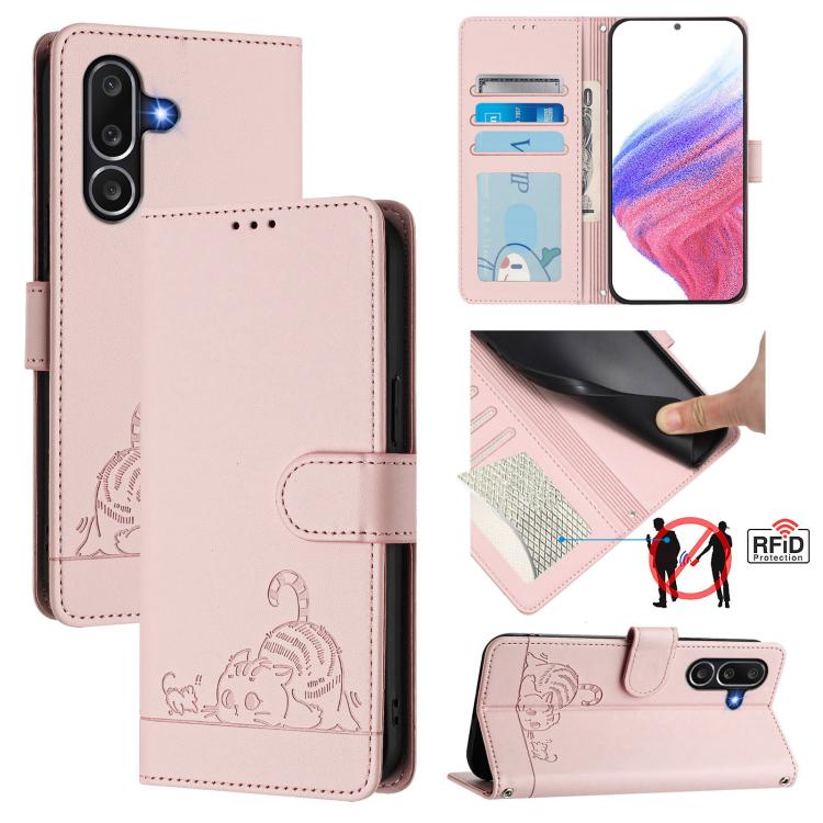 Custodia per telefono in pelle con stampa RFID a forma di gatto e ratto con cordino, For Samsung Galaxy M56 5G, For Samsung Galaxy M35