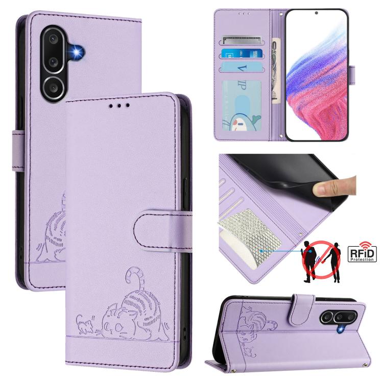 Custodia per telefono in pelle con stampa RFID a forma di gatto e ratto con cordino, For Samsung Galaxy M56 5G, For Samsung Galaxy M35