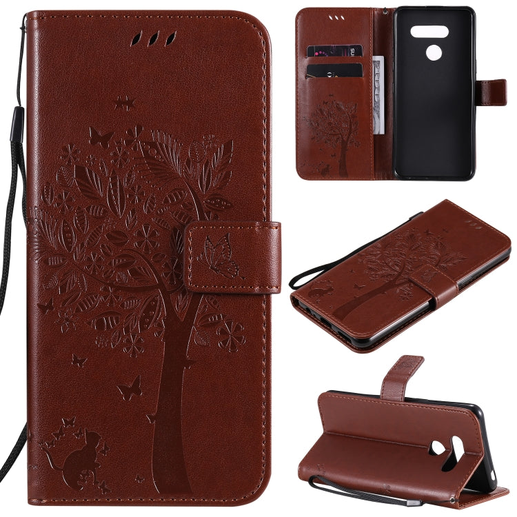 Custodia in pelle a ribalta orizzontale con motivo in rilievo albero e gatto con supporto e fessure per carte, portafoglio e cordino, For LG K41S / K51S, For LG K50S
