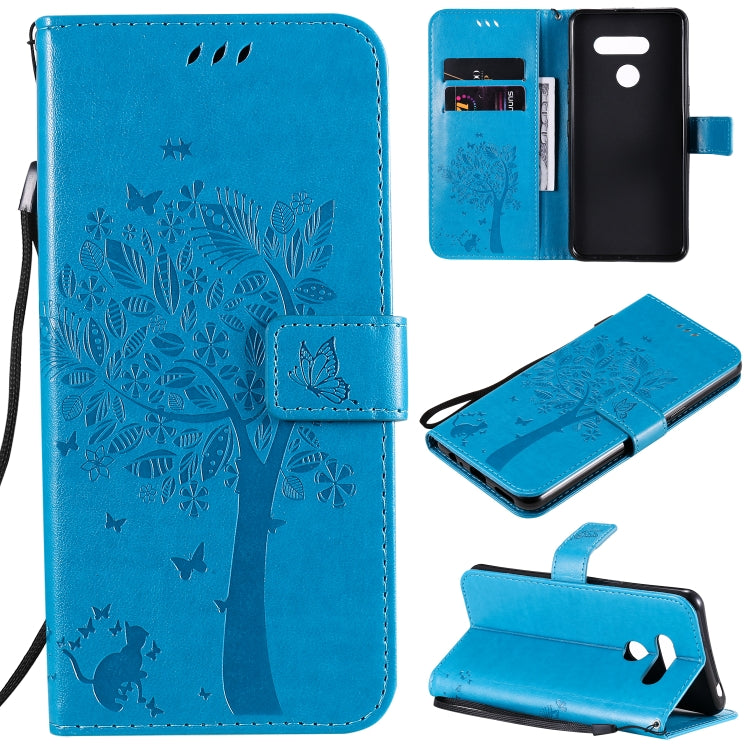 Custodia in pelle a ribalta orizzontale con motivo in rilievo albero e gatto con supporto e fessure per carte, portafoglio e cordino, For LG K41S / K51S, For LG K50S