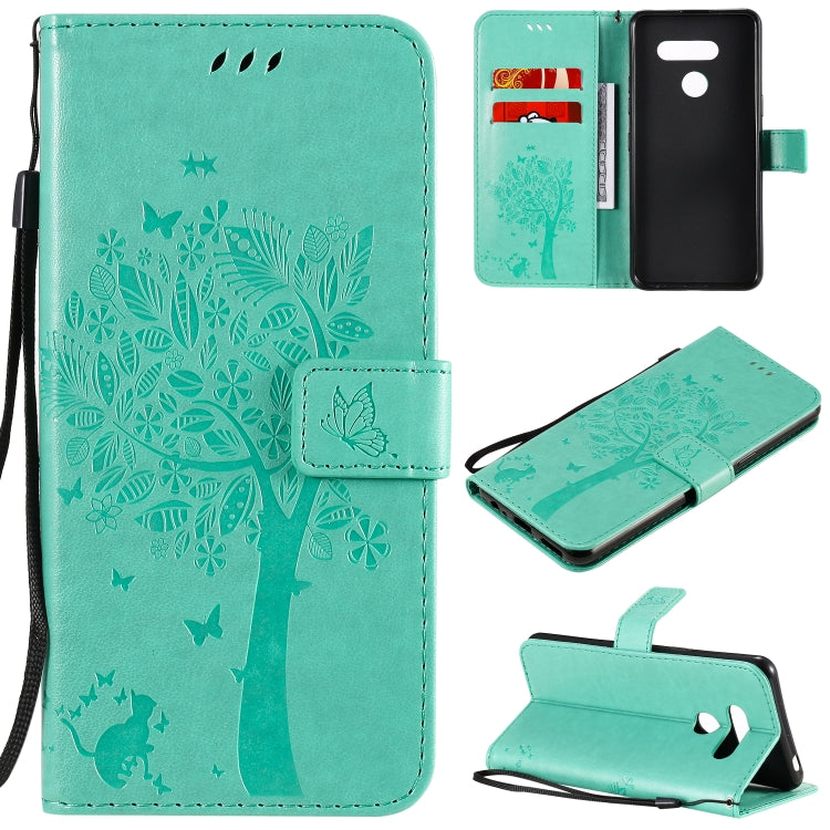 Custodia in pelle a ribalta orizzontale con motivo in rilievo albero e gatto con supporto e fessure per carte, portafoglio e cordino, For LG K41S / K51S, For LG K50S