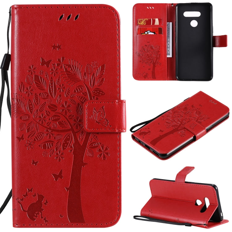 Custodia in pelle a ribalta orizzontale con motivo in rilievo albero e gatto con supporto e fessure per carte, portafoglio e cordino, For LG K41S / K51S, For LG K50S