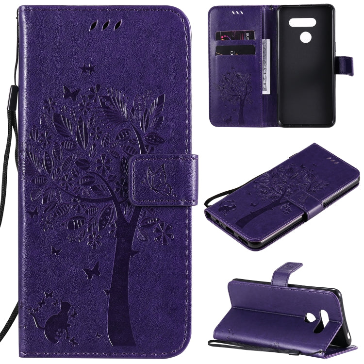 Custodia in pelle a ribalta orizzontale con motivo in rilievo albero e gatto con supporto e fessure per carte, portafoglio e cordino, For LG K41S / K51S, For LG K50S