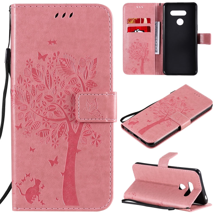 Custodia in pelle a ribalta orizzontale con motivo in rilievo albero e gatto con supporto e fessure per carte, portafoglio e cordino, For LG K41S / K51S, For LG K50S